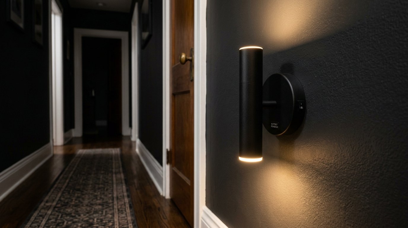 A cylindrical black LED wall lamp mounted on a dark charcoal hallway wall with warm light glowing top and bottom.