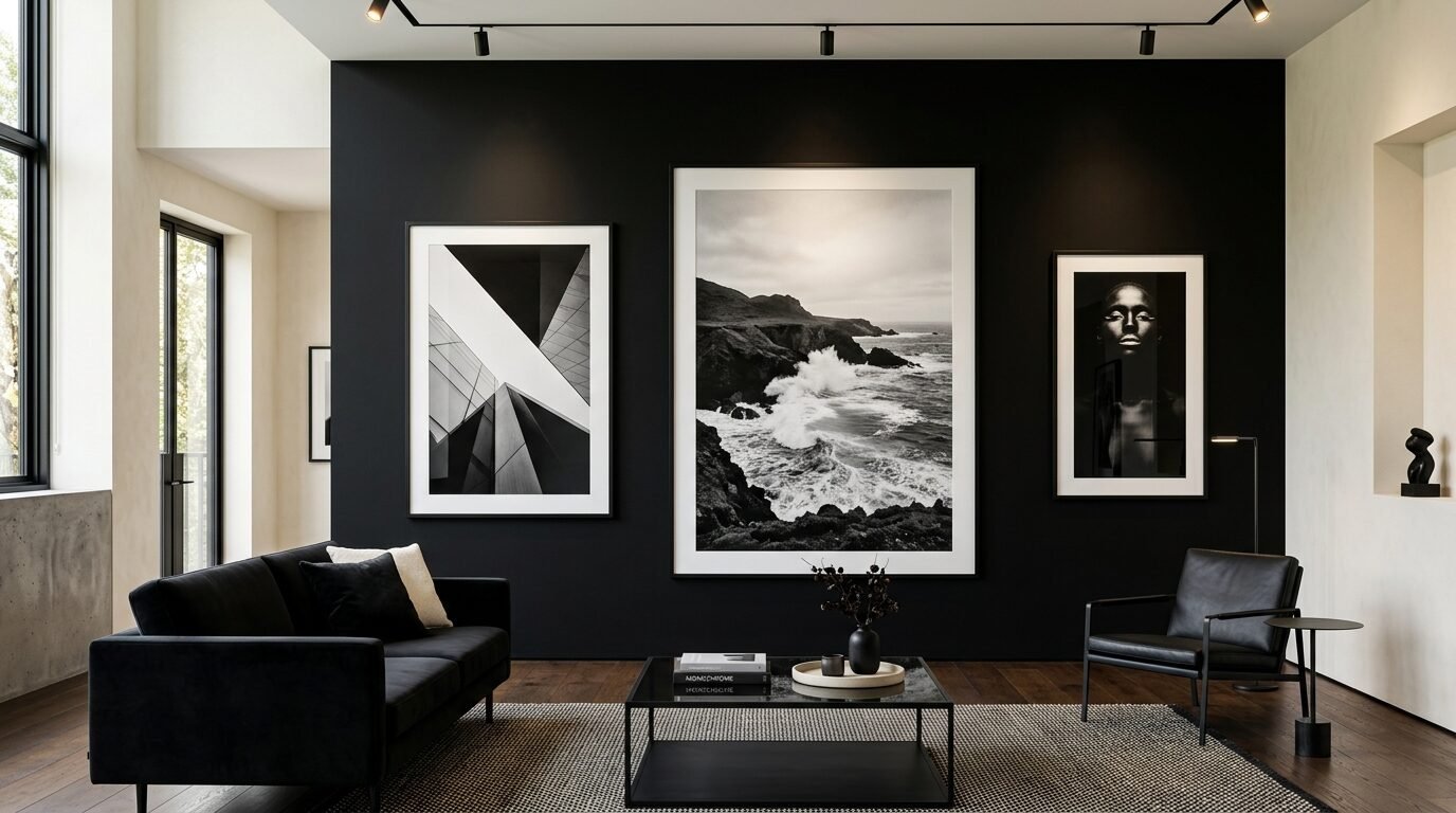 A black wall displays three monochrome photographs above a dark sofa and glass coffee table in a modern living space.