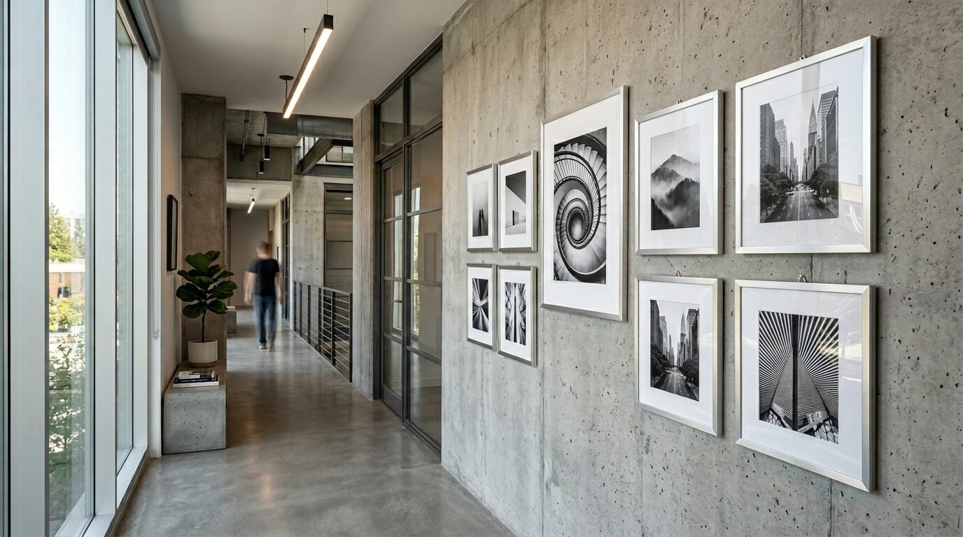 A long corridor with polished floors and a concrete wall displaying several black and white framed photographs.