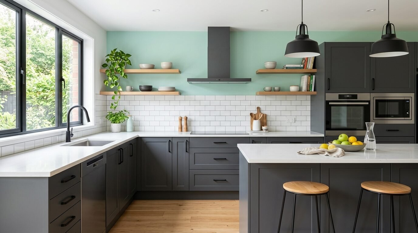 Spacious modern kitchen featuring dark charcoal cabinets, white subway tiles, and a soft mint green wall.