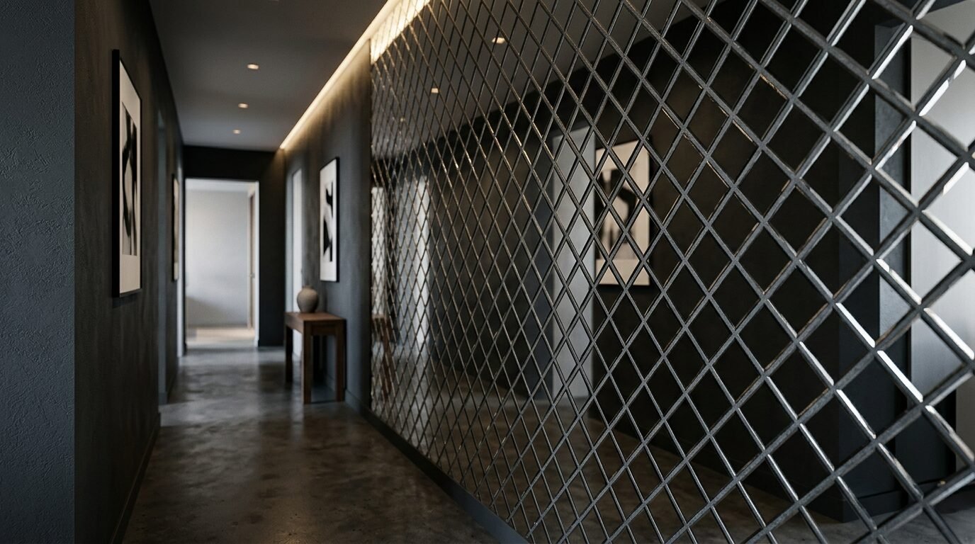A narrow home hallway with dark walls, concrete floors, and a large grid-patterned decorative mirror.