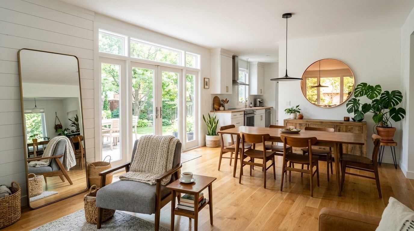 Bright living space featuring a floor mirror, wooden dining set, and a comfortable grey accent chair.