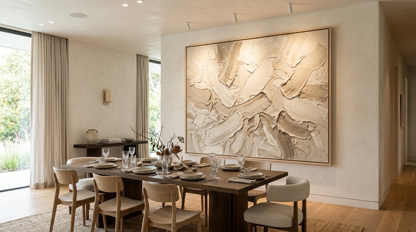 A beige impasto painting hangs on a neutral wall in a contemporary dining area with wooden chairs.