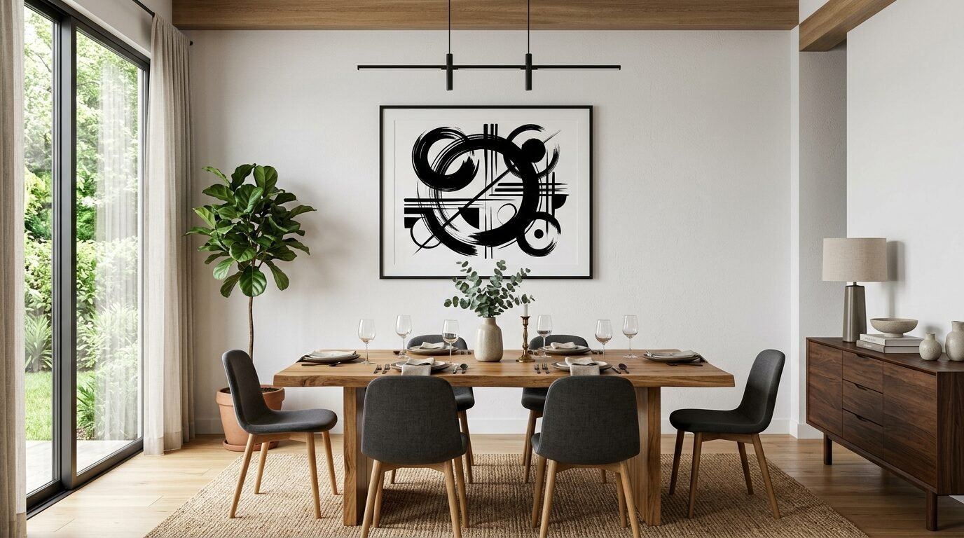 A dining space featuring a wooden table, dark grey chairs, and a large black and white circular geometric painting.