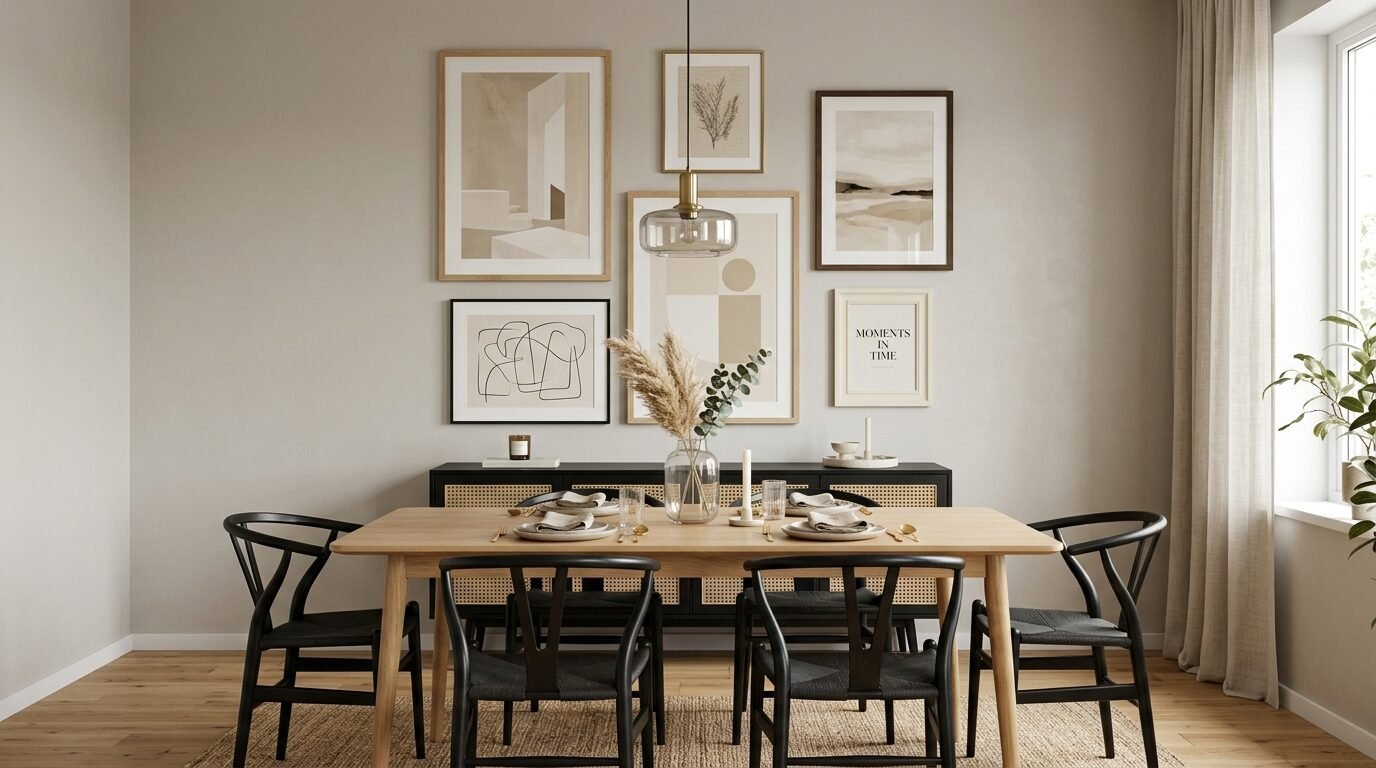 Wooden dining table with black chairs in front of a neutral wall adorned with framed abstract art prints.