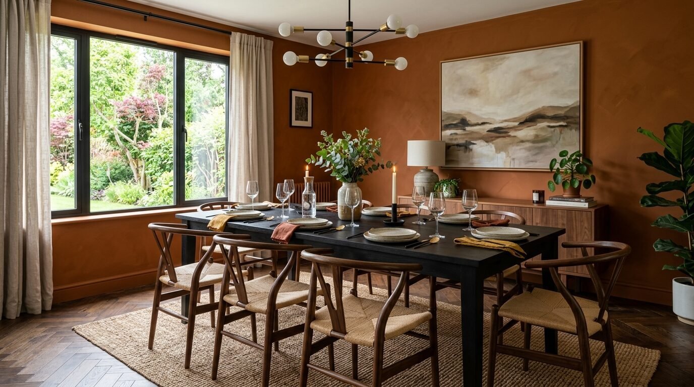 A rustic wooden dining set sits on a jute rug in a room with warm orange walls and a view of a lush garden.