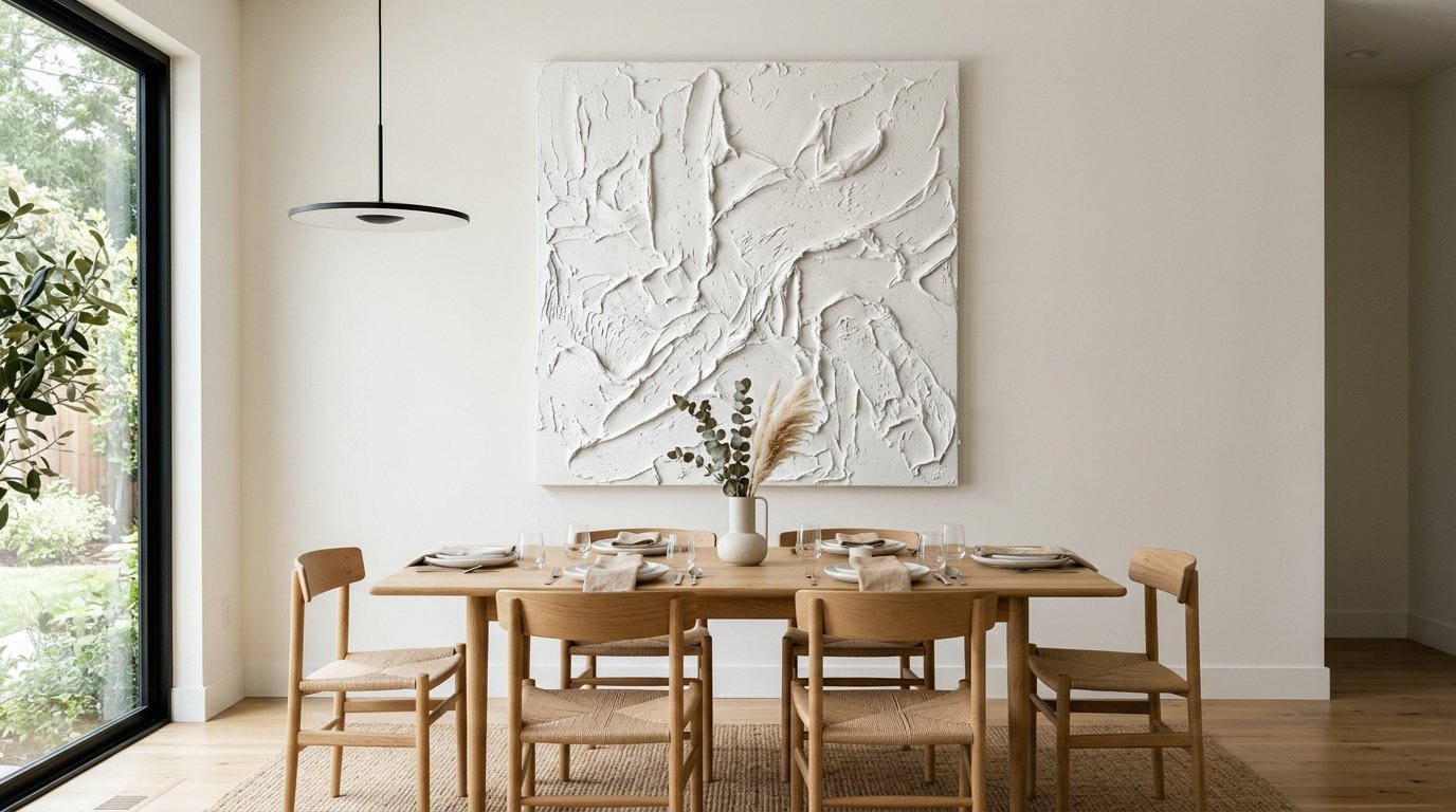 Wooden dining table with woven chairs sits below a square white canvas with heavy plaster texture.