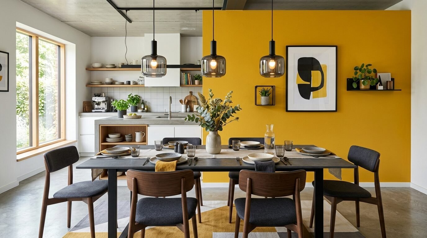 A dining table with grey chairs sits in front of a bright yellow wall in a modern kitchen setting.
