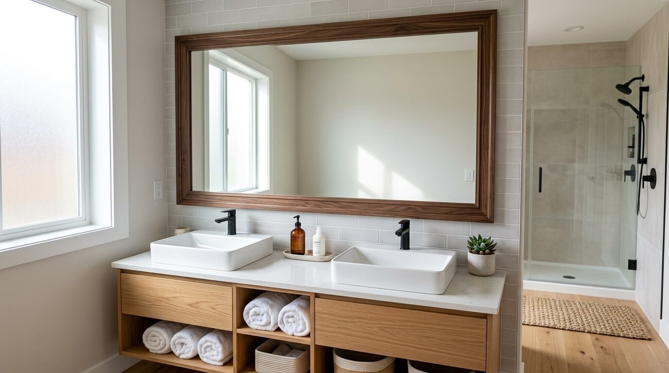 Double sink bathroom vanity with wooden cabinets, white bowls, and black fixtures.
