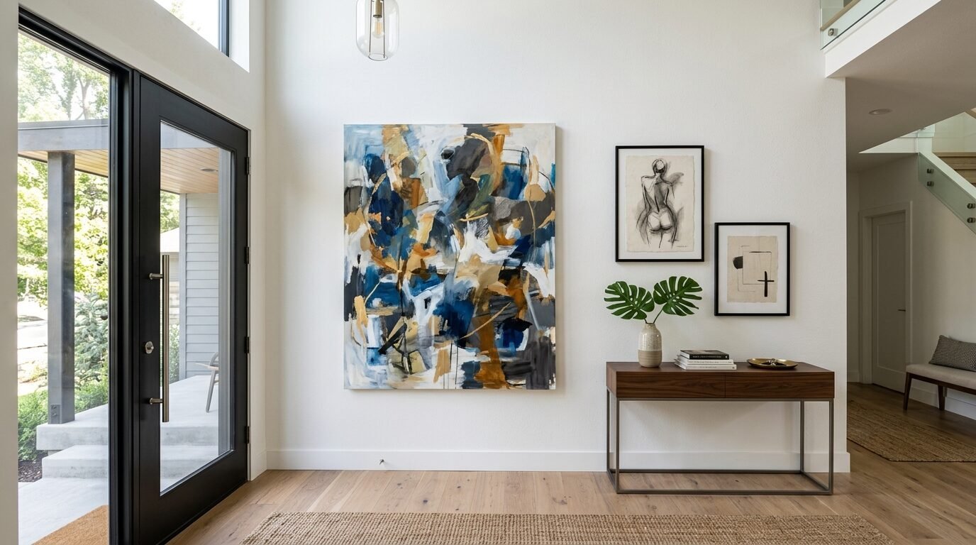 Modern foyer with a large colorful abstract canvas, framed charcoal sketches, and a vase of monstera leaves.