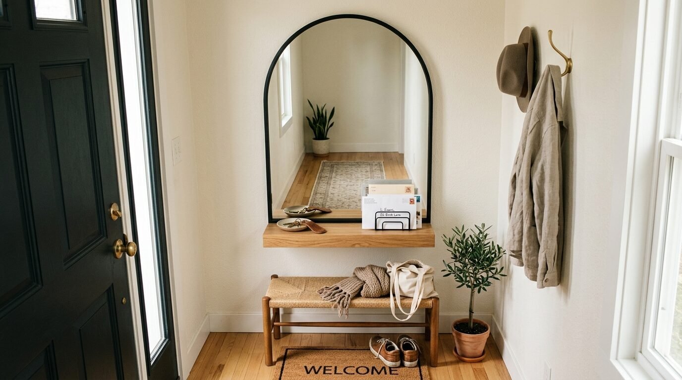 A beige wooden bench, wall-mounted console shelf, and dark door in a bright, modern entryway.