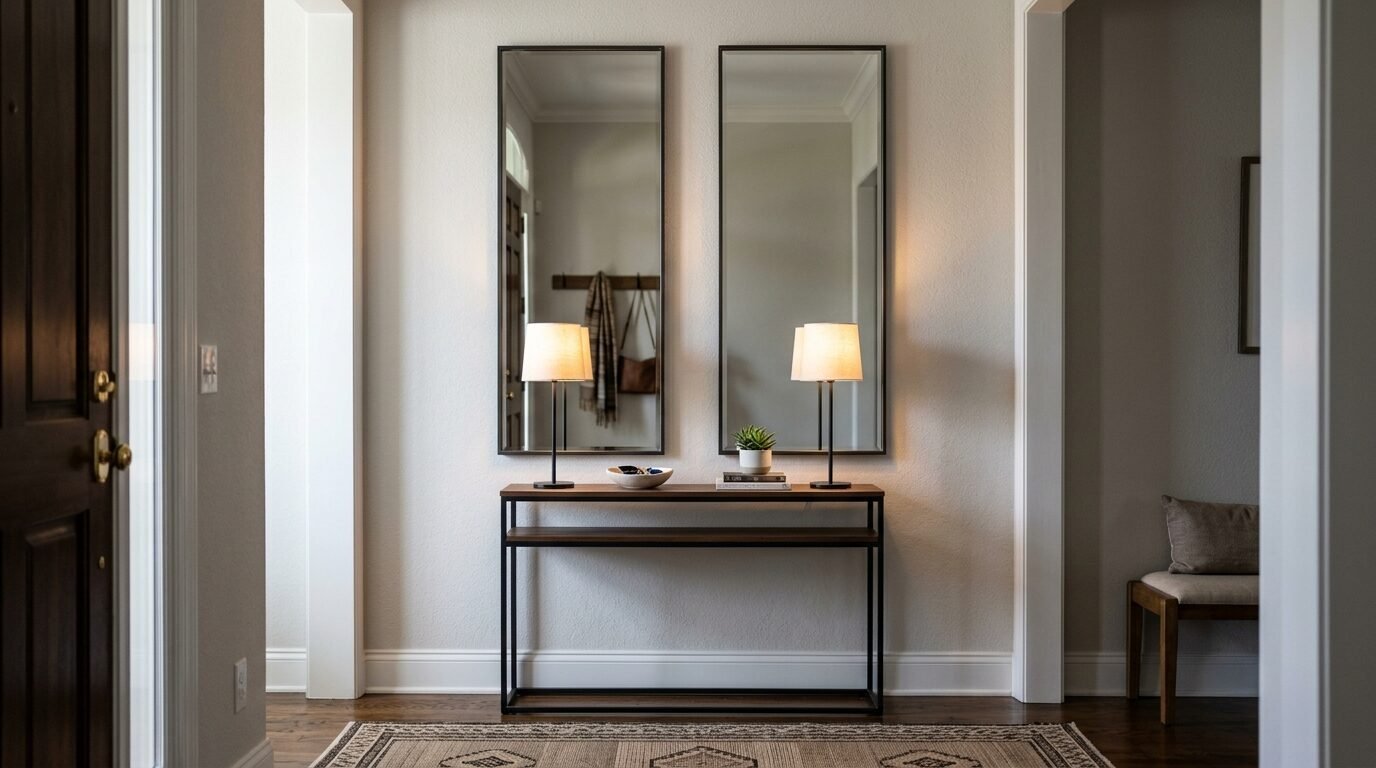 A narrow metal and wood console table sits between two tall rectangular mirrors in a bright home entryway.