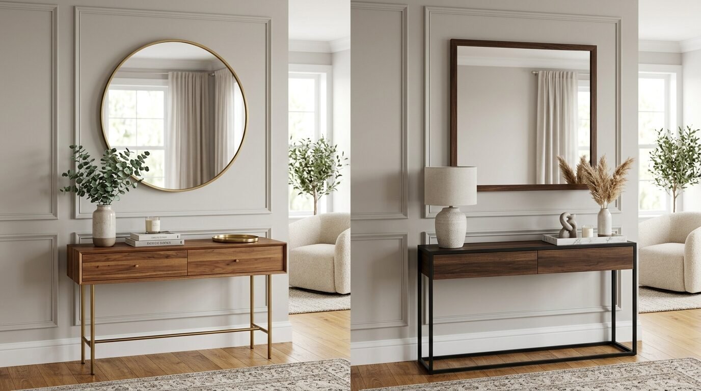 Two console tables shown against paneled walls, one with a round gold mirror and one with a square dark wood mirror.