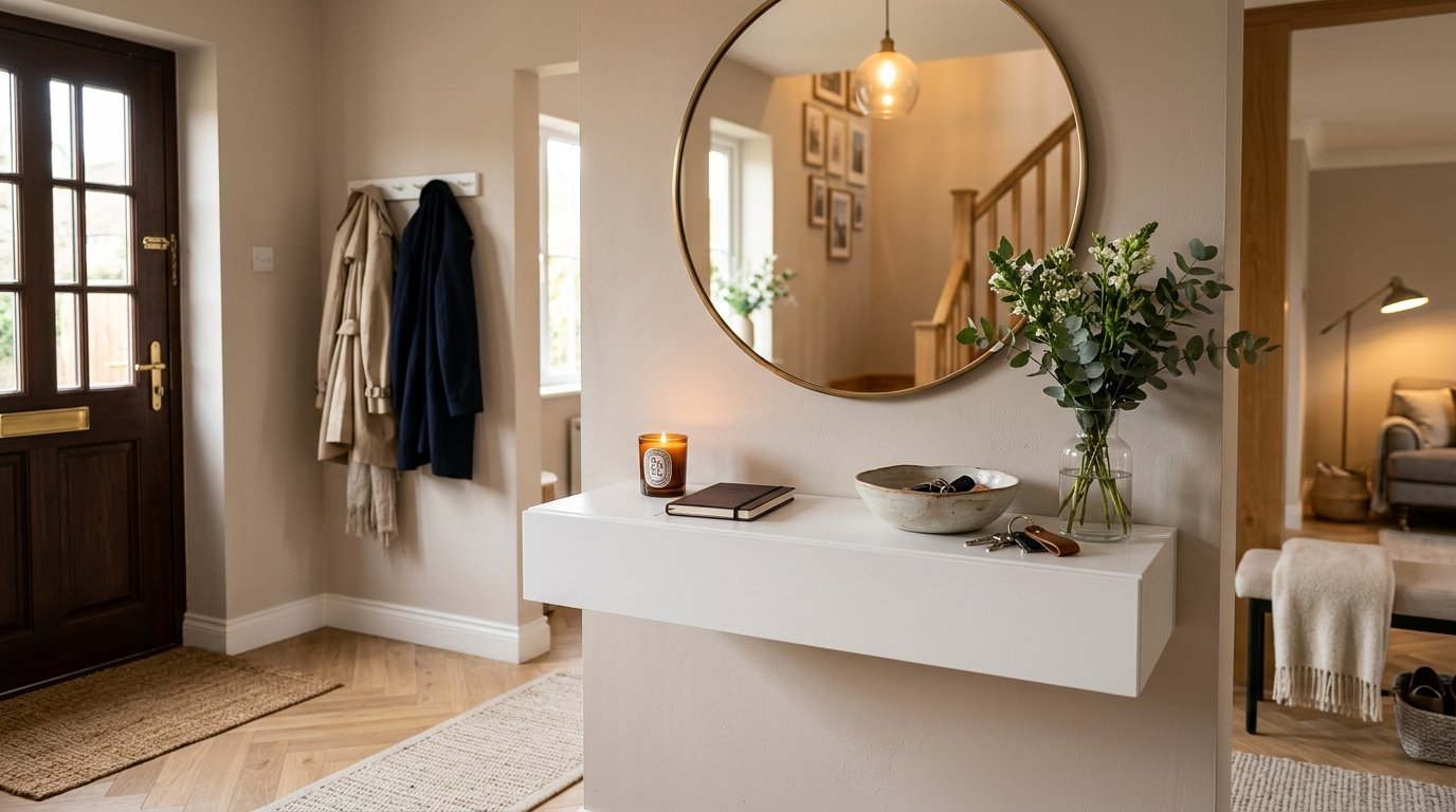 A white wall-mounted console shelf featuring a vase of flowers, a lit candle, and keys in a bowl below a round mirror.