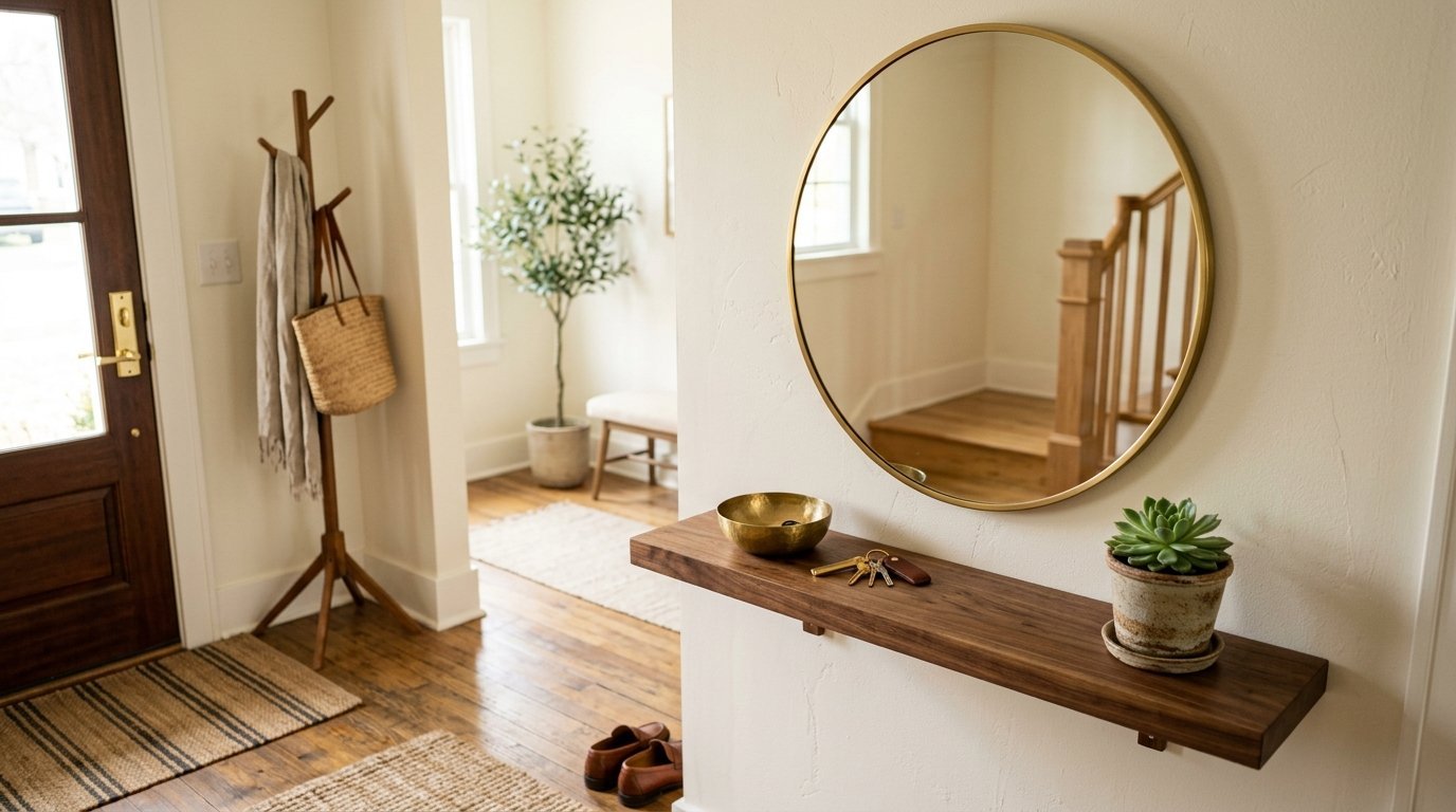 A round gold mirror hangs above a walnut floating shelf holding keys, a small bowl, and a succulent plant.