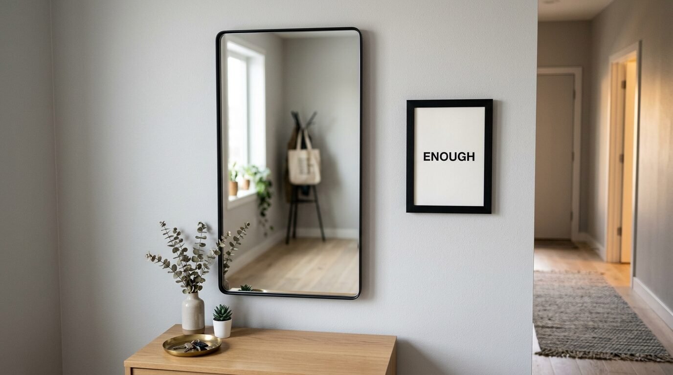 A hallway wall with a black framed mirror, an 'ENOUGH' print, and a wooden console table with plants.