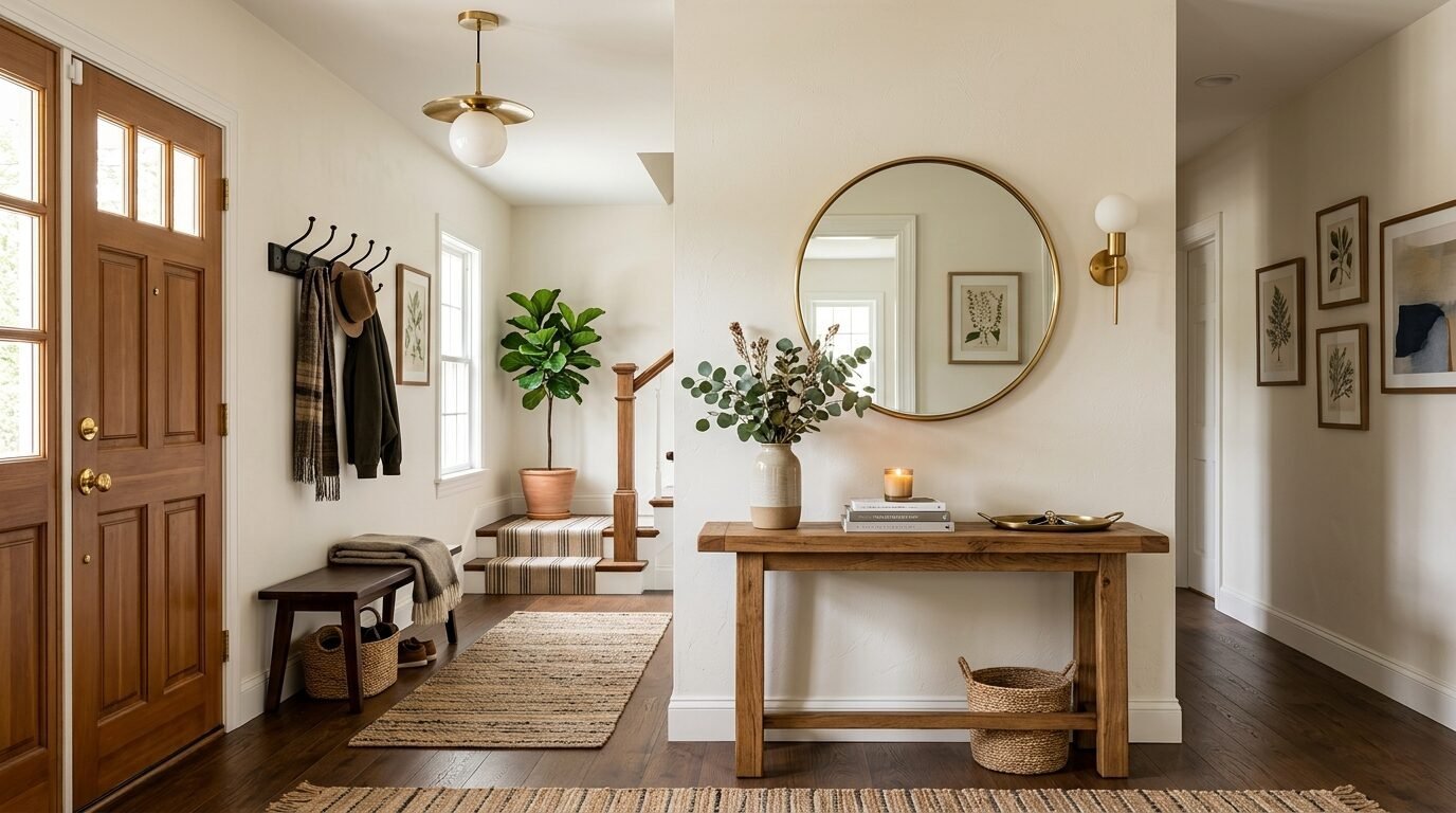 A bright foyer featuring a wood entry table, round gold mirror, and a cozy bench with coat hooks near stairs.