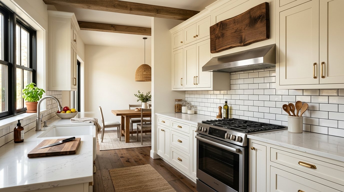 Modern farmhouse kitchen with white shaker cabinets, subway tile backsplash, and wooden ceiling beams.