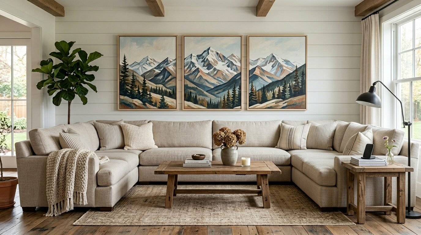 Neutral sectional sofa with wooden coffee table and three framed mountain paintings on a white shiplap wall.