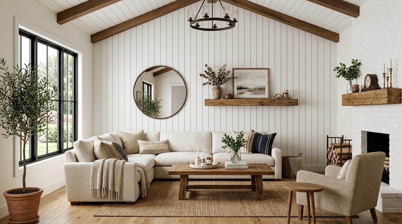 A bright living room features a beige sectional, wooden coffee table, round mirror, and shiplap walls with exposed beams.