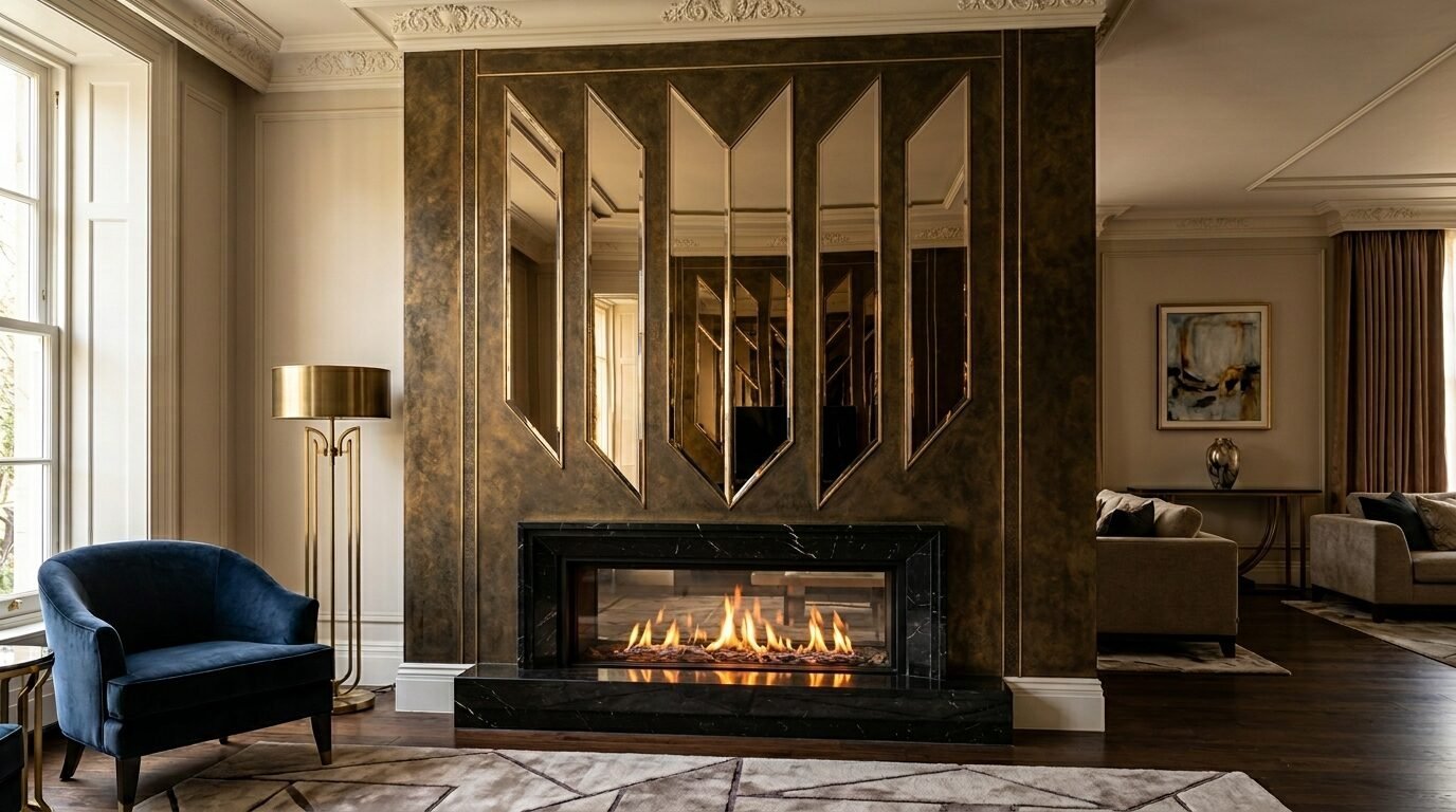 Contemporary living room with a linear gas fireplace set in a dark metallic wall with five vertical inset mirrors.