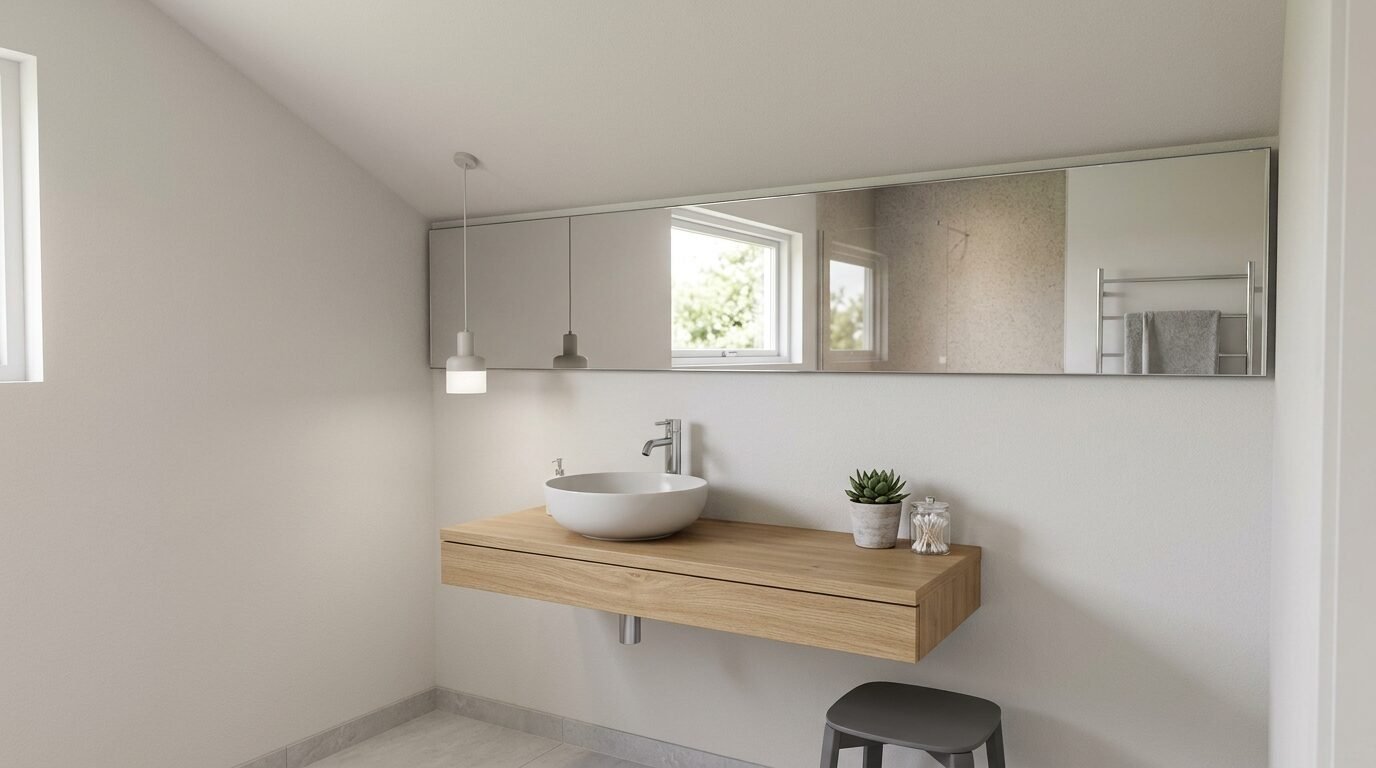 A white round vessel sink sits on a natural wood floating counter with a wide wall-mounted mirror.