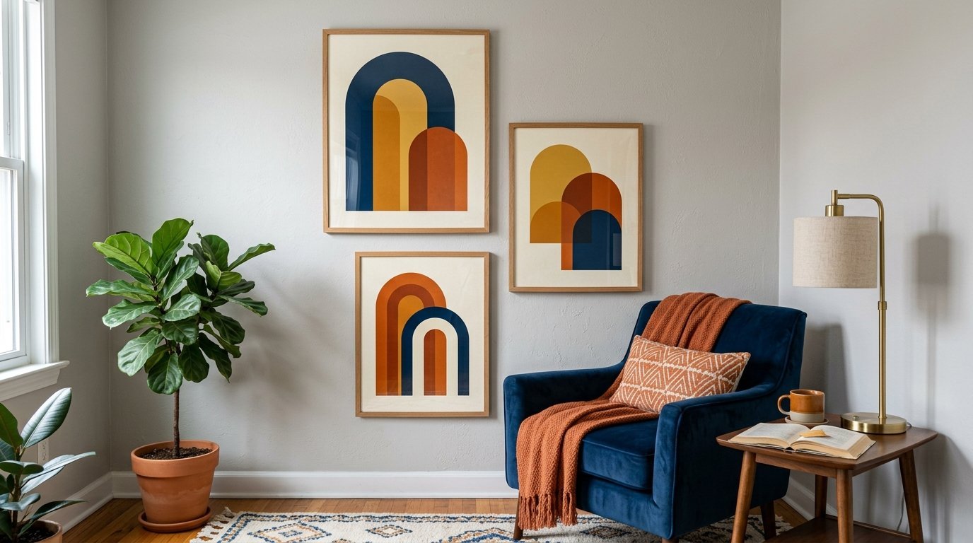 Gallery wall of minimalist mid-century style arch art featuring navy, orange, and yellow tones.