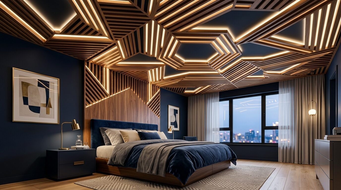 Luxurious bedroom with dark blue walls, a wood-paneled headboard, and an illuminated geometric ceiling design.