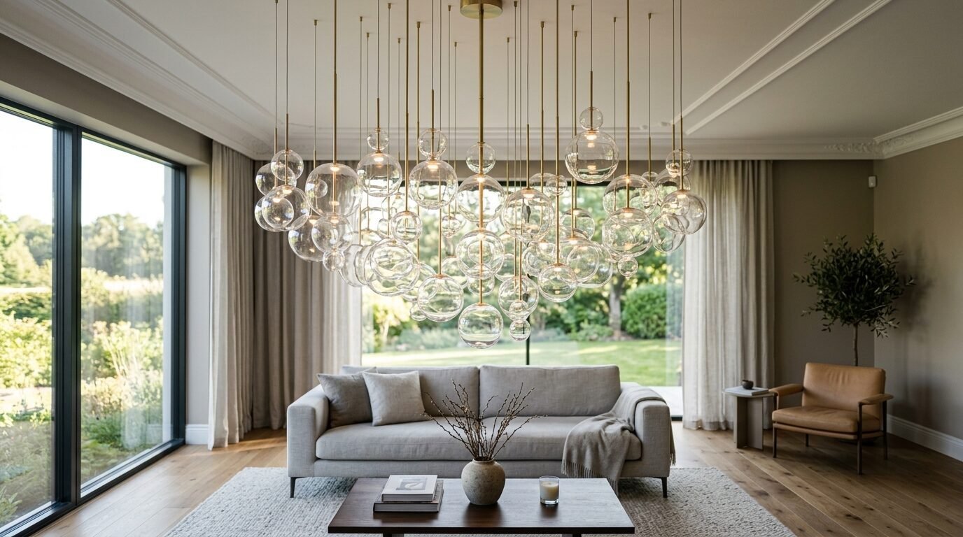Large contemporary chandelier featuring many hanging clear glass spheres suspended over a living room seating area.