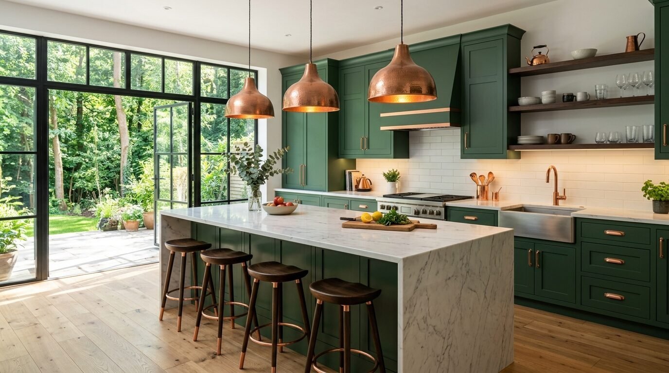 A luxury kitchen with dark green cabinetry, a white marble waterfall island, and warm copper light fixtures.