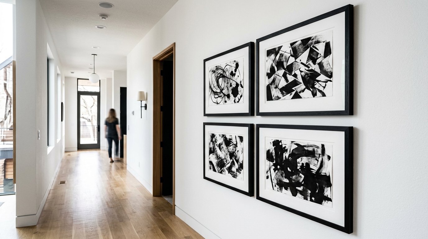 Four framed abstract ink paintings displayed on a white wall in a sunlit home hallway with wooden floors.