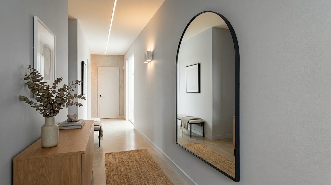 Bright corridor with a sleek arched mirror reflecting a wooden bench and wall decor
