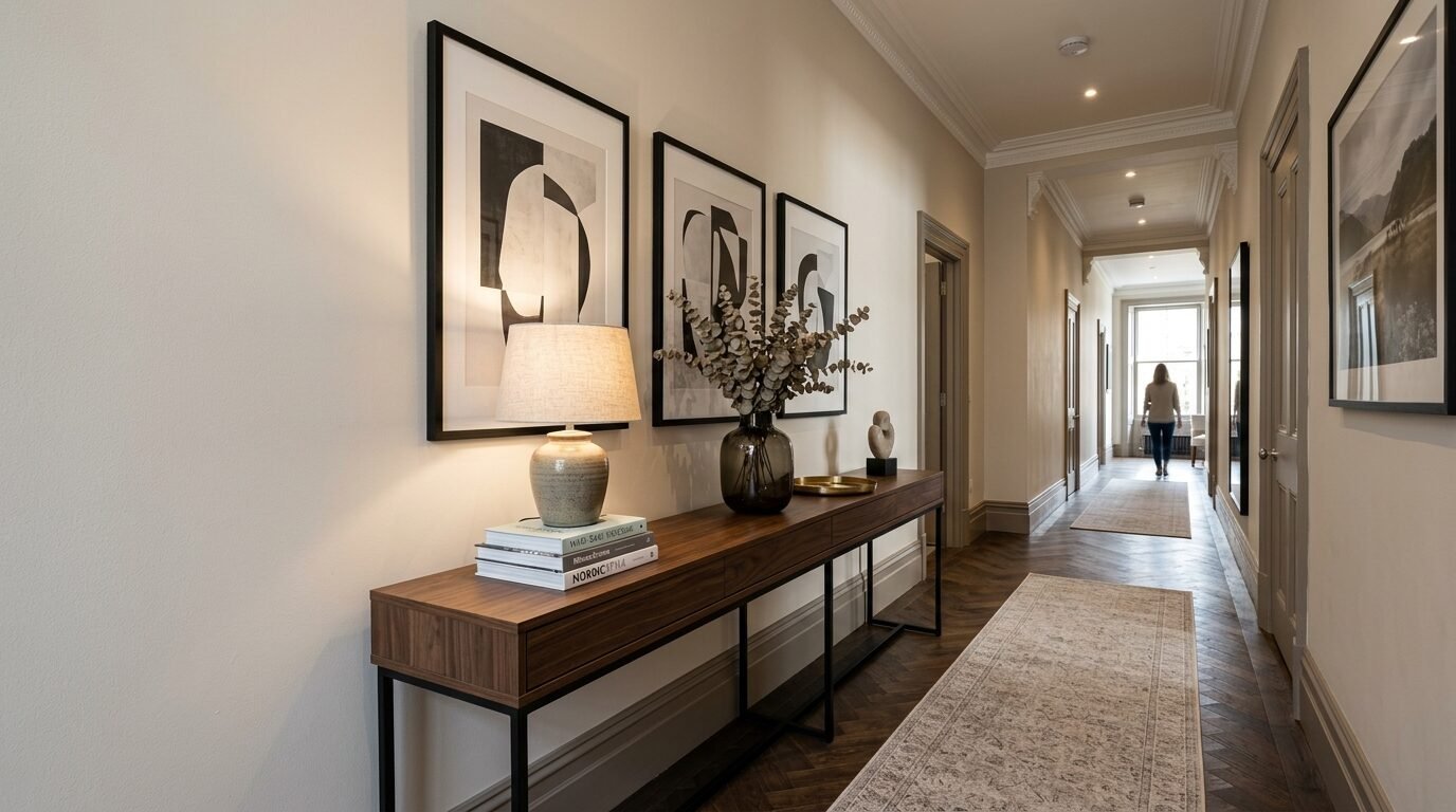 A wooden console table with a lamp and dried flowers sits under framed abstract art in a long hallway.
