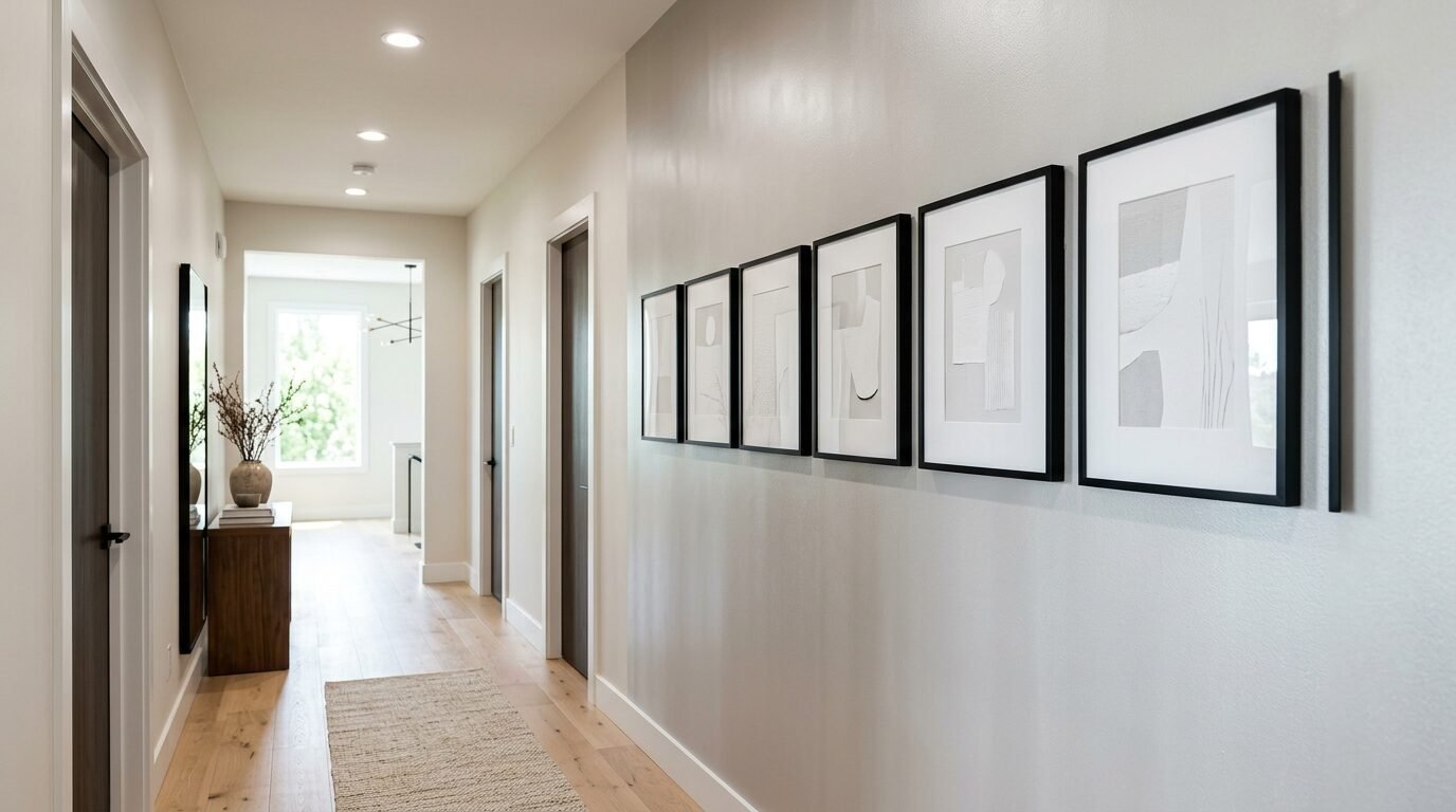 Five minimalist black-framed prints hanging in a row along a light-colored corridor wall.
