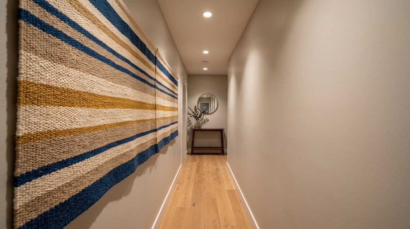 Modern interior corridor with hardwood floors, a hanging fabric wall decor, and a console table with a mirror.