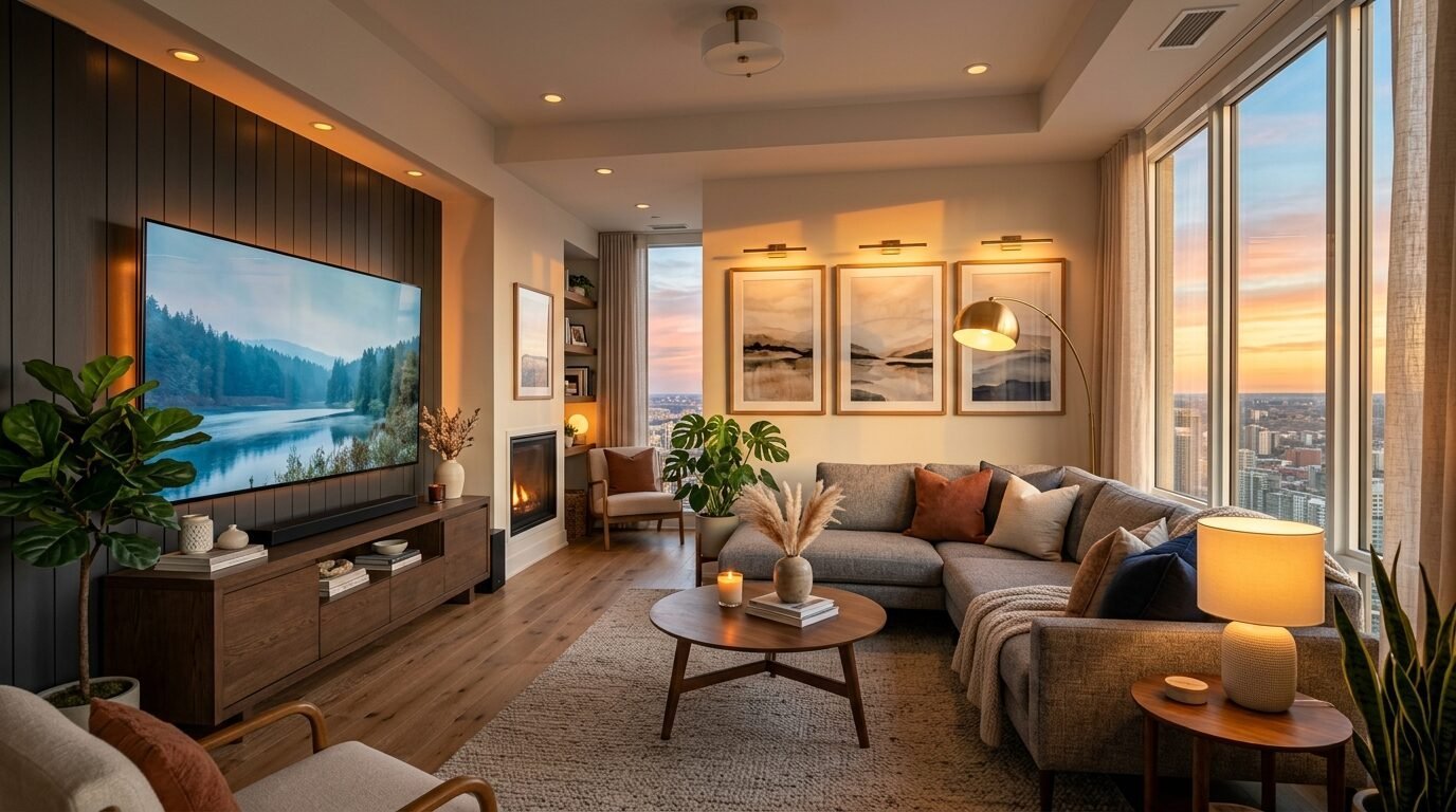 L-shaped grey sofa in a contemporary apartment with a large wall-mounted television and sunset view.