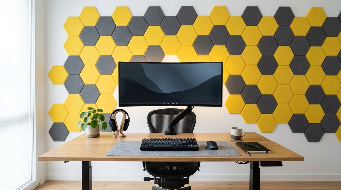 Clean desk setup with curved monitor and acoustic hexagon tiles on the wall behind.