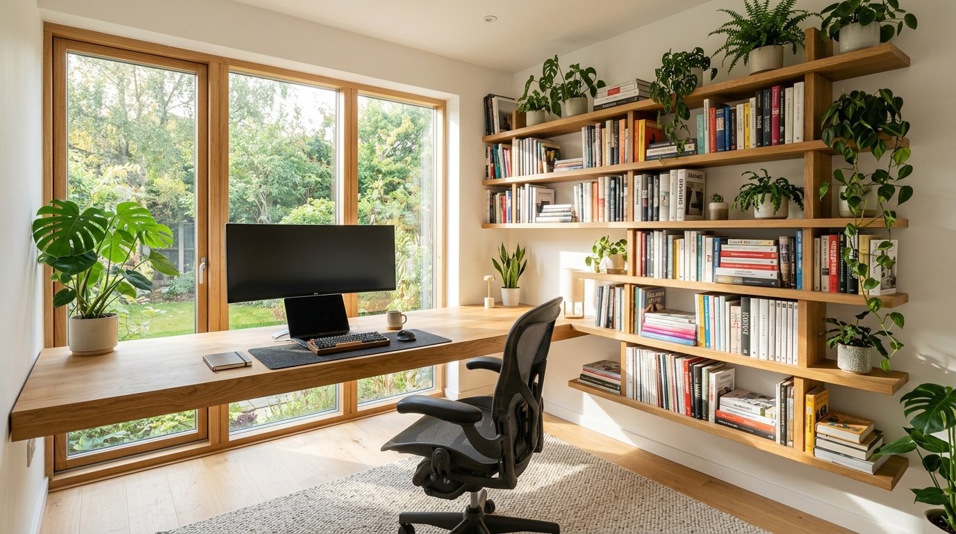 A bright workspace featuring a large wooden desk, ergonomic chair, and floor-to-ceiling bookshelves full of books.