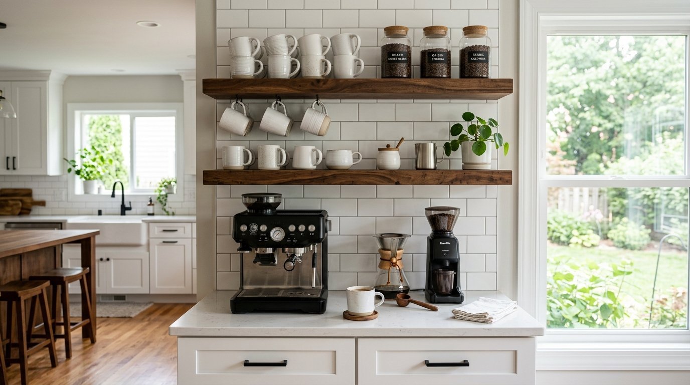 Espresso machine and coffee gear arranged on a white marble countertop under two rustic wood shelves with mugs.