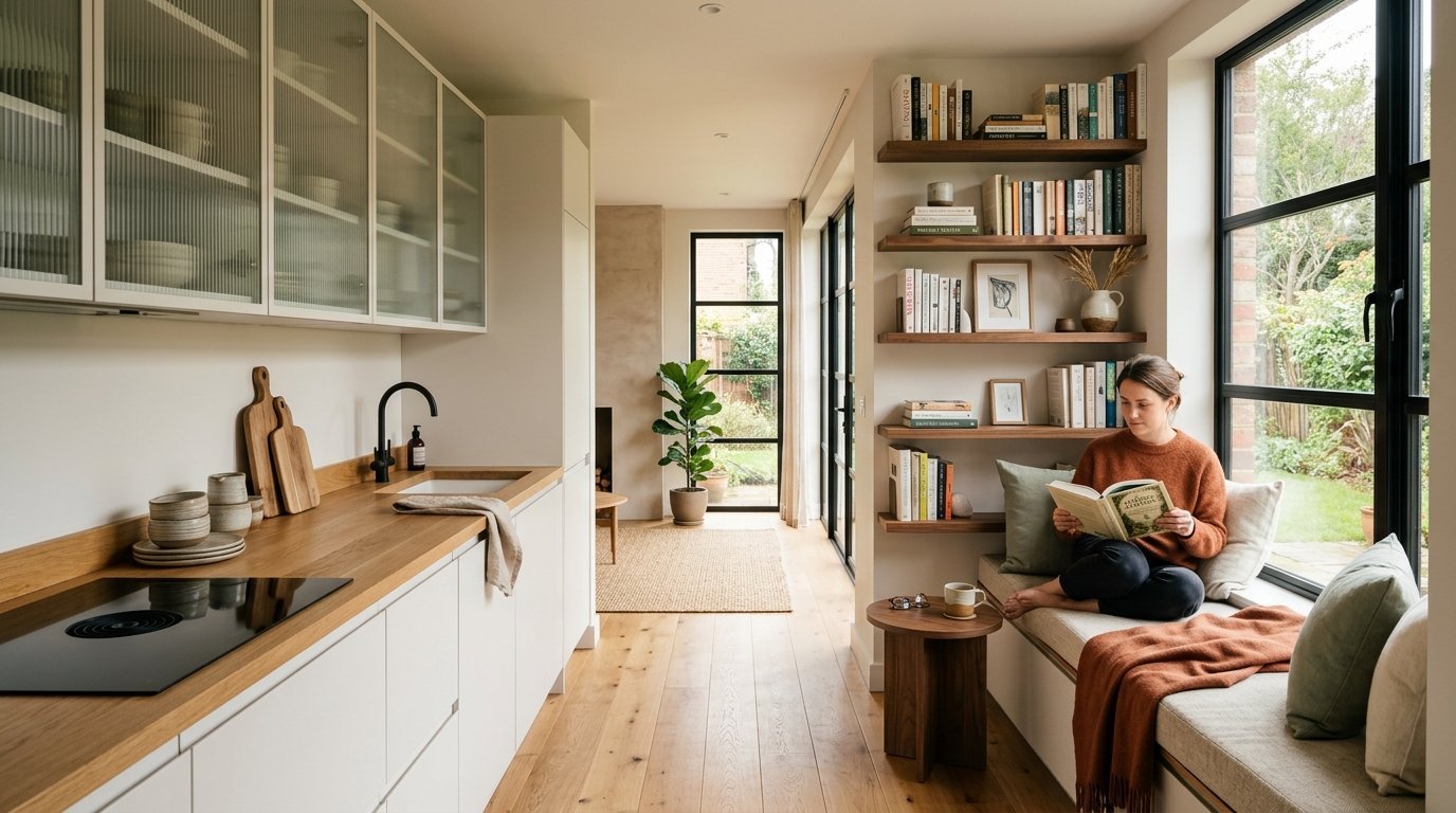 A woman sits on a built-in window bench in a modern kitchen reading a book surrounded by bookshelves.