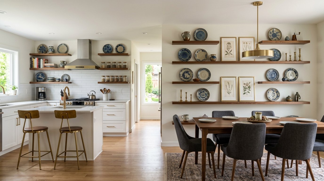A modern kitchen dining space with open walnut shelves displaying blue patterned plates and framed botanical prints.