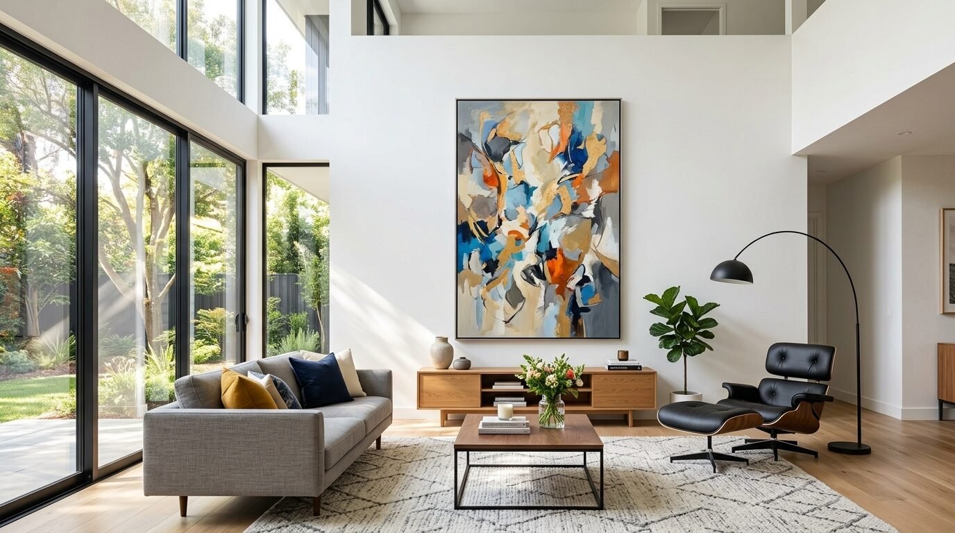 Bright modern living room with large abstract painting, grey sofa, and black lounge chair.
