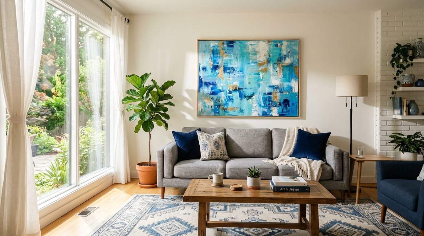 Grey sofa with blue pillows under a large blue and gold abstract painting in a sunlit room.