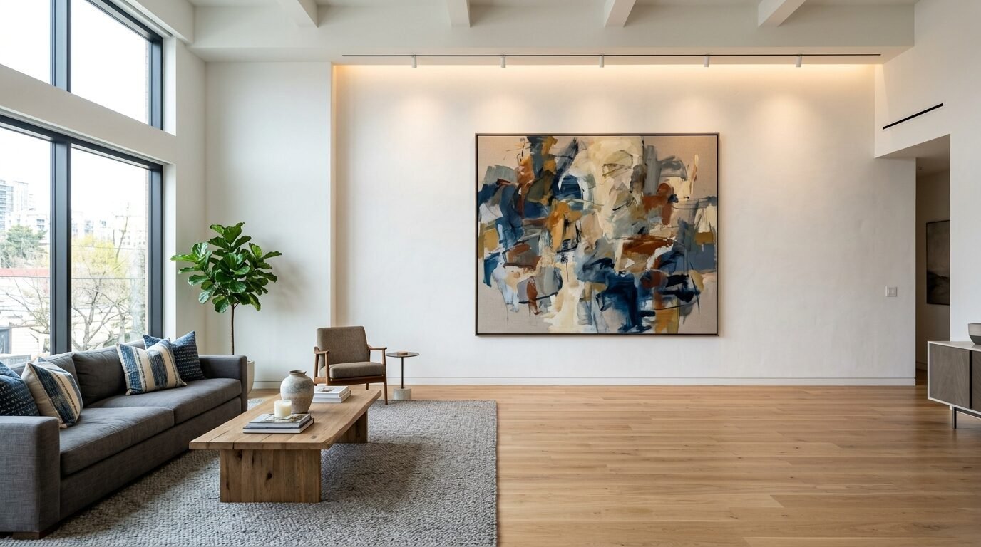Contemporary living room with a grey sofa, wooden coffee table, and oversized abstract painting on white walls.