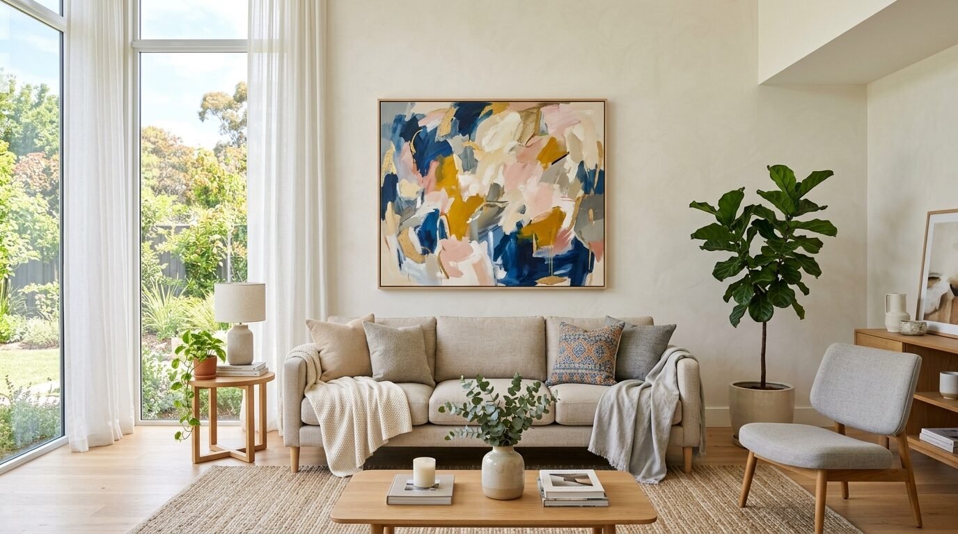 A beige couch with colorful throw pillows and a large abstract painting on a bright white wall.