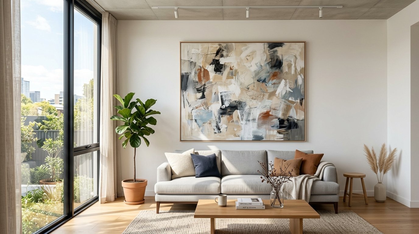 Bright living room with a neutral sofa, large abstract wall art, and a fiddle leaf fig plant near a window.
