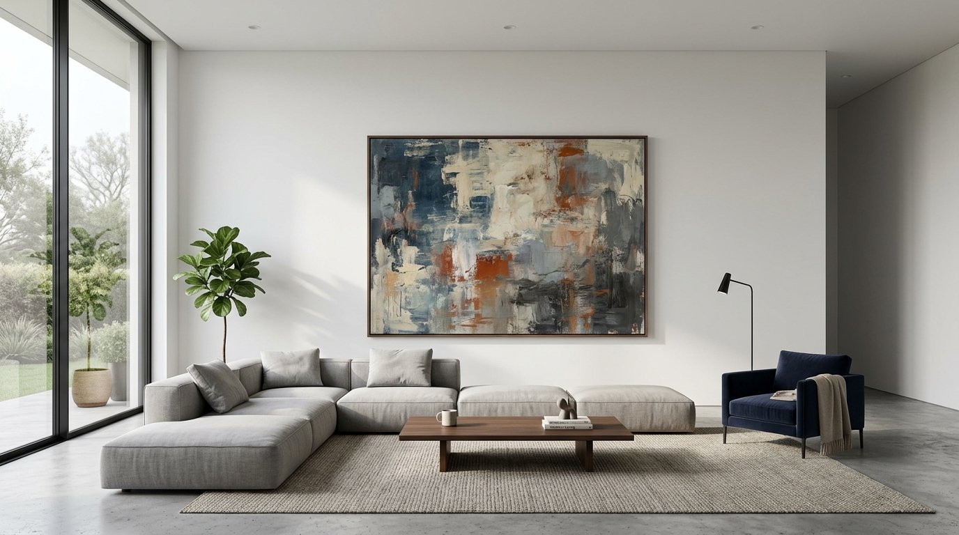Modern interior with a grey sectional, navy blue armchair, and a large abstract painting on a plain white wall.