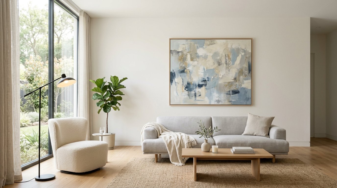 Bright, modern room with a grey couch, textured armchair, jute rug, and a large blue and gold abstract painting.