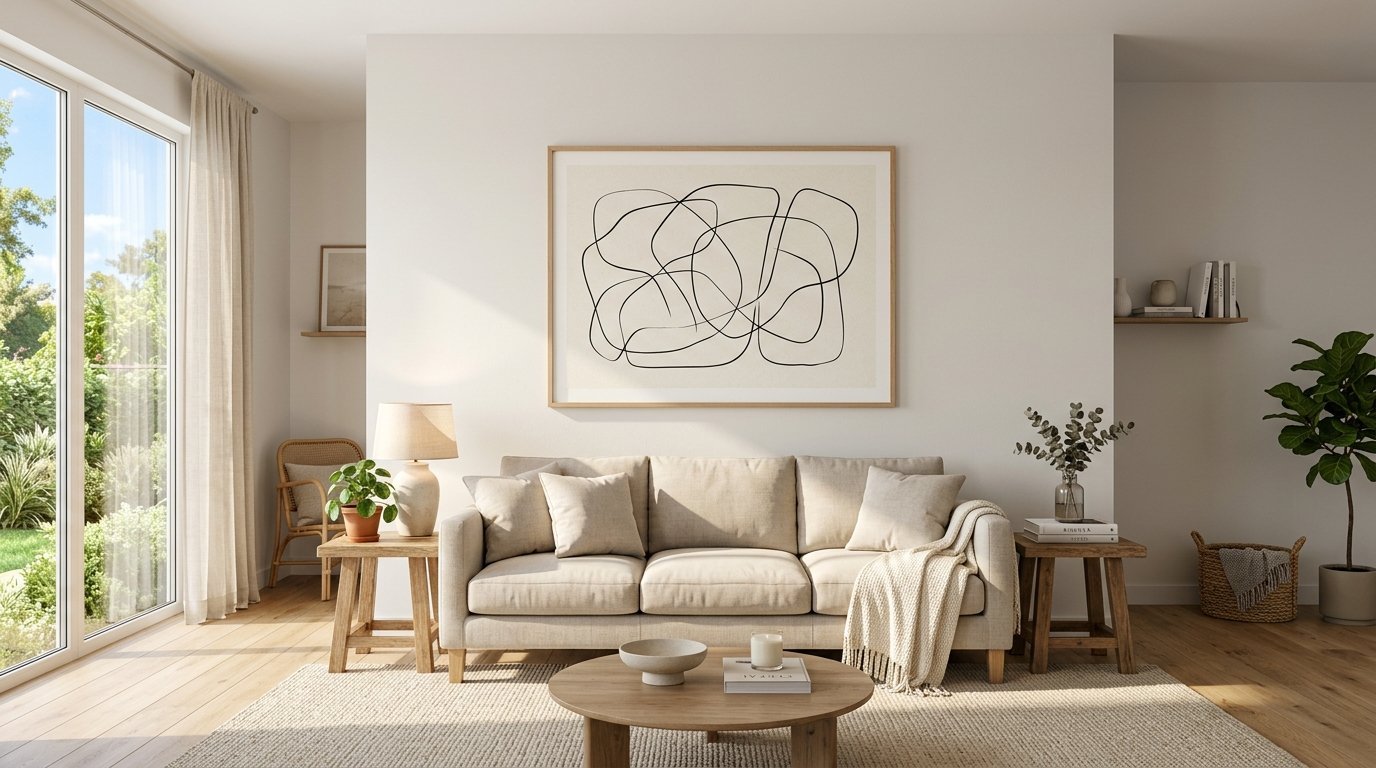 A beige couch sits in a sunlit living room beneath a framed piece of abstract line art on a white wall.