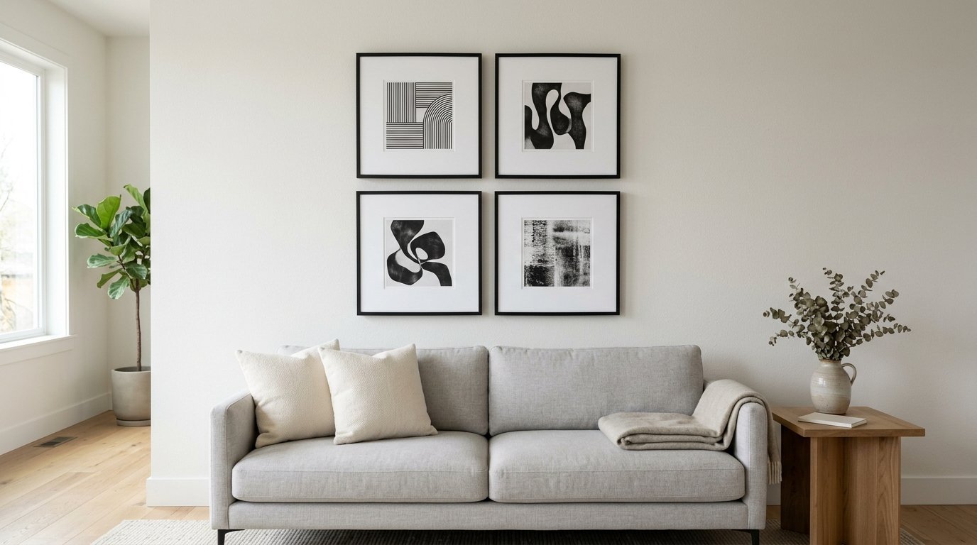 A light grey sofa centered below four framed black and white abstract prints on a plain white wall.